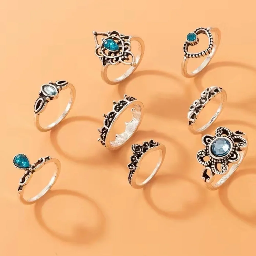 Vintage Boho Heart Flower Blue Gemstone Ring Set 8pc